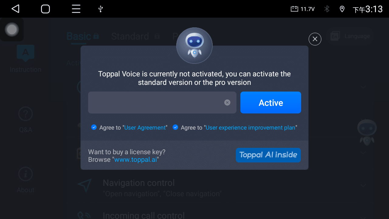 Toppal Voice app activation screen showing activation code input field